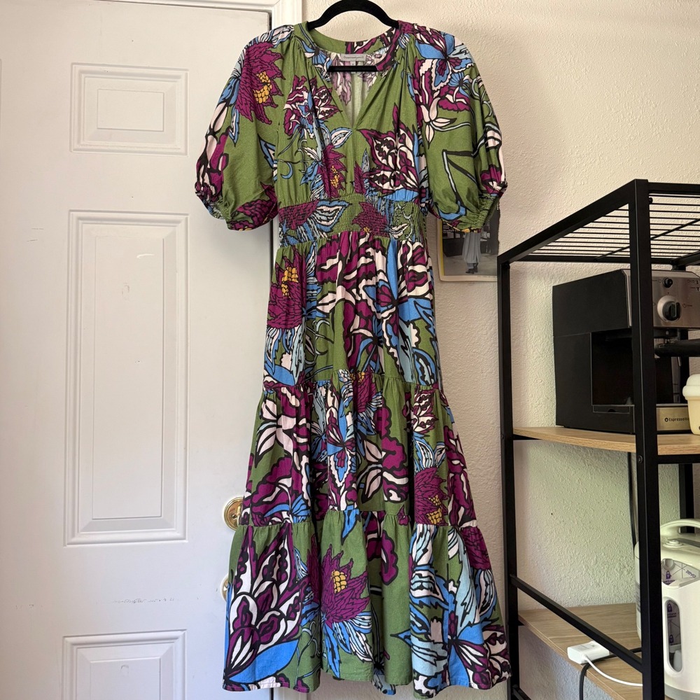 CONDITIONS APPLY green magenta cotton floral tiered puff short sleeve midi dress